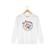 White long sleeve cat rescue shirt with a colorful paw print graphic and text 'Be Pawsome Adopt Foster Rescue'.