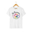 White cat rescue t-shirt featuring a rainbow paw print graphic with text 'Be Pawsome Adopt Foster Rescue'.
