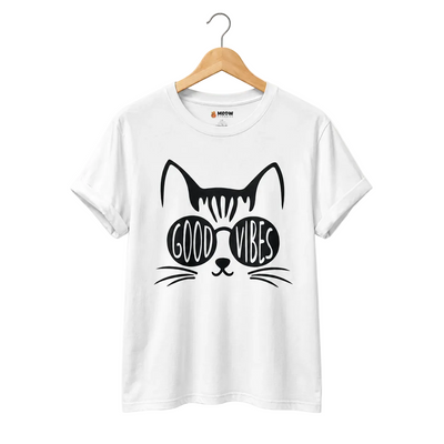 White t-shirt featuring a black graphic of a cat face wearing sunglasses with the text 'GOOD VIBES' inside the lenses.
