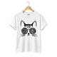 White t-shirt featuring a black graphic of a cat face wearing sunglasses with the text 'GOOD VIBES' inside the lenses.