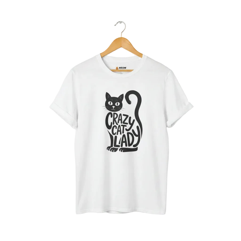 White t-shirt with black cat graphic and 'Crazy Cat Lady' text for cat lovers.