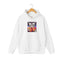 White cat lover hoodie with colorful cat graphic "Interstellar Pizza & Tacos", for cat rescue and foster supporters.