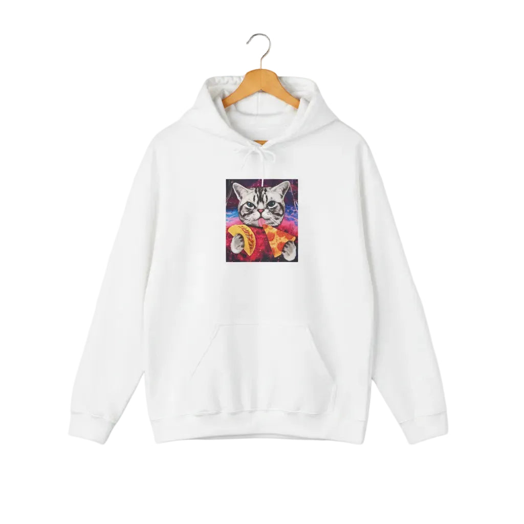 White cat lover hoodie with colorful cat graphic "Interstellar Pizza & Tacos", for cat rescue and foster supporters.