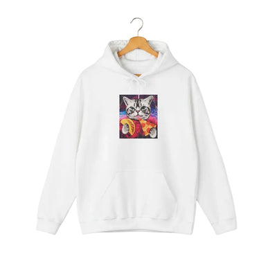 White cat lover hoodie with colorful cat graphic "Interstellar Pizza & Tacos", for cat rescue and foster supporters.