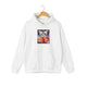 White cat lover hoodie with colorful cat graphic "Interstellar Pizza & Tacos", for cat rescue and foster supporters.