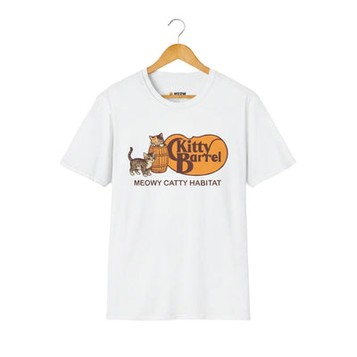 White unisex graphic t-shirt with vintage Kitty Barrel logo, tabby cats, and 'MEOWY CATTY HABITAT' text.