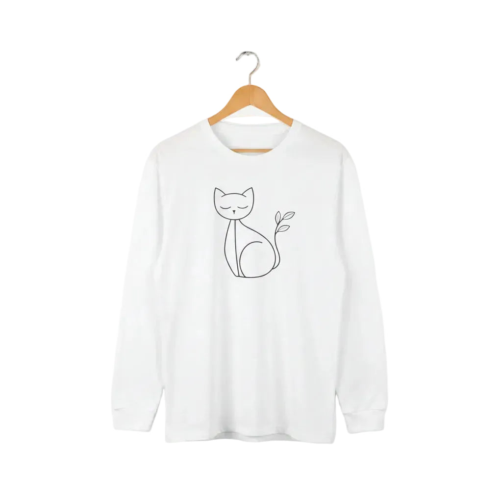White sweatshirt with a black cat design .