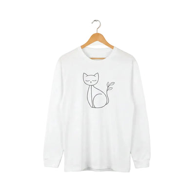 White sweatshirt with a black cat design .