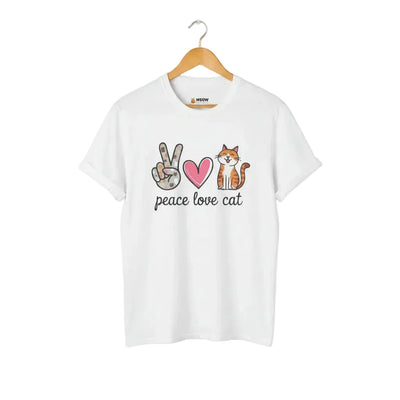 A white short-sleeve t-shirt featuring a graphic print of a peace hand sign, a pink heart, an orange tabby cat, and the text 'peace love cat'.