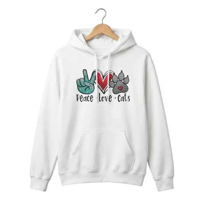 White cat lover hoodie with 'Peace Love Cats' design on a white background