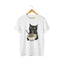 White t-shirt with a black cat eating ramen graphic.