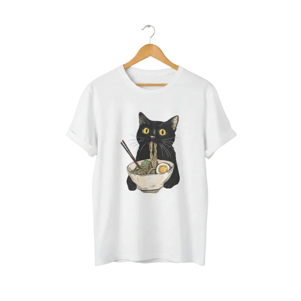 White t-shirt with a black cat eating ramen graphic.