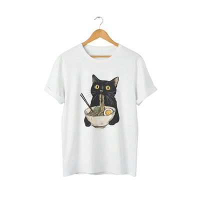 White t-shirt with a black cat eating ramen graphic.