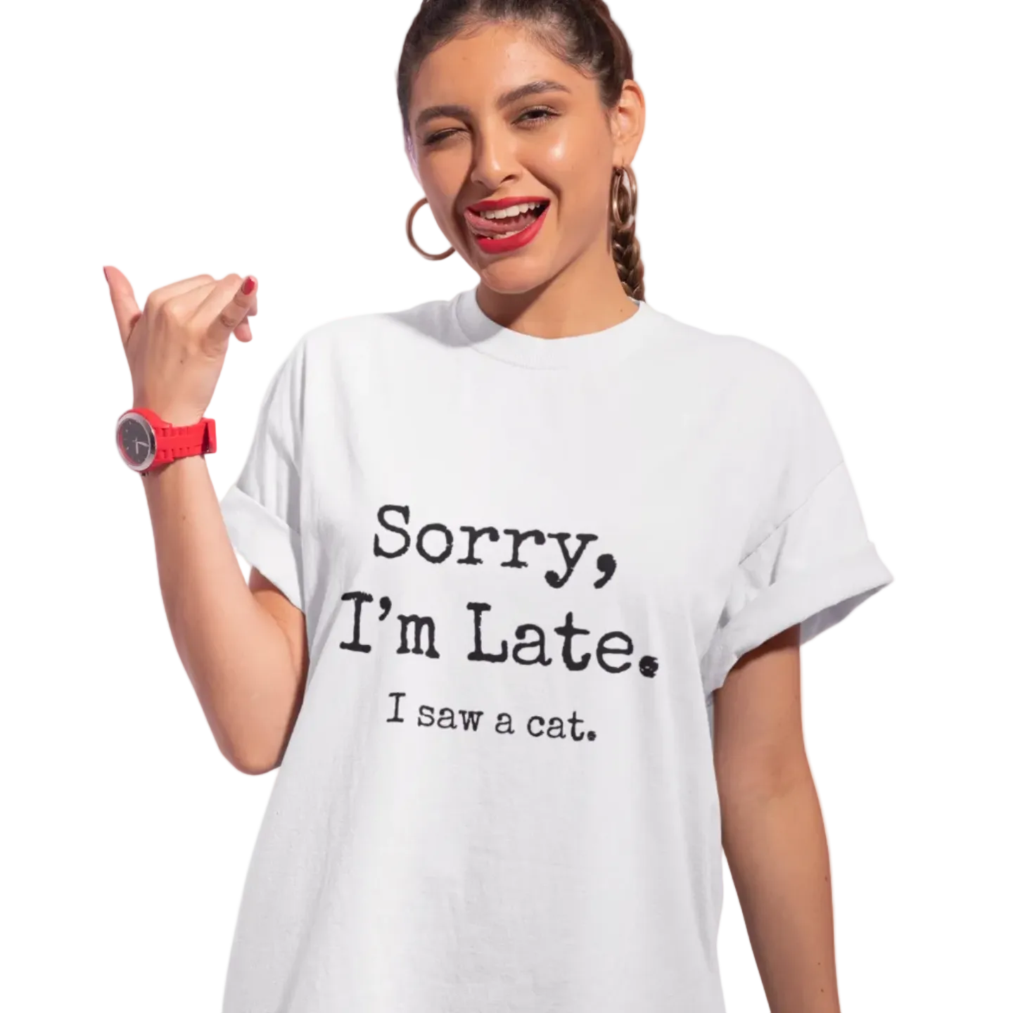 Girl wearing a white unisex graphic t-shirt with 'SORRY I'M LATE. I SAW A CAT' text for cat lovers